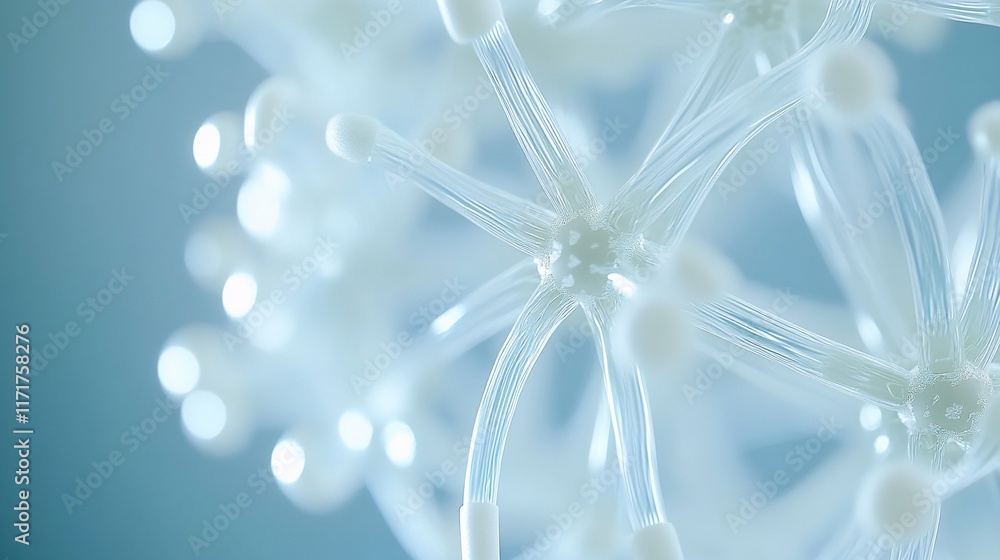Poster Abstract close-up of a complex, interconnected network structure with glowing nodes and translucent tubes, suggesting a molecular or neural network.