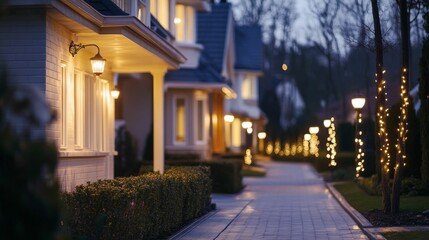 Obraz premium Nighttime residential street, illuminated pathway, warm lights.