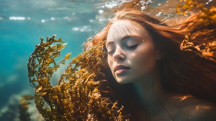 Redhead Woman Underwater With Seaweed