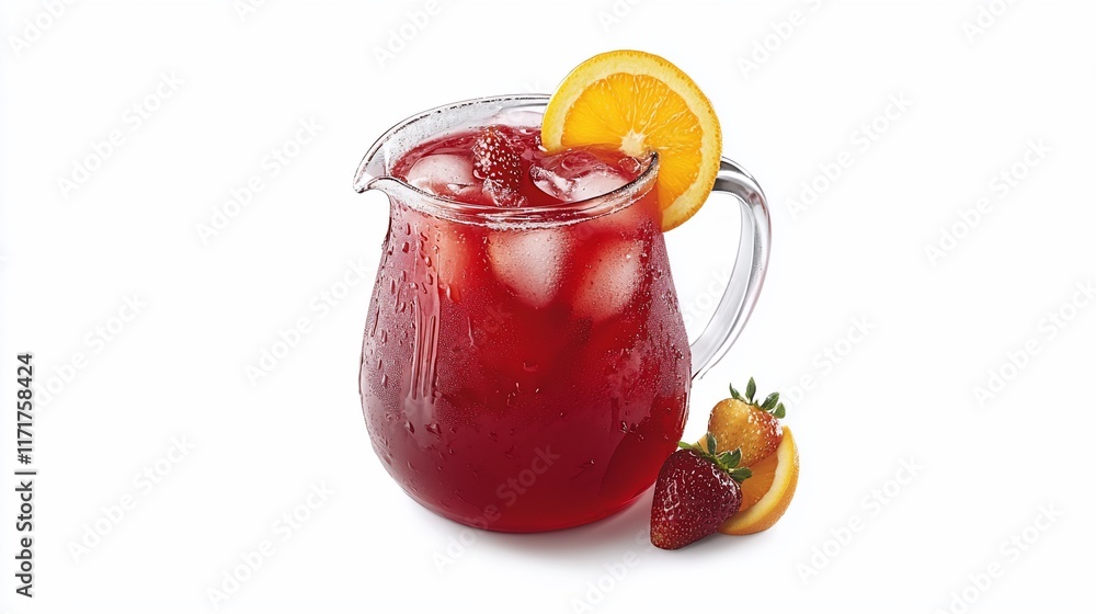 Poster refreshing iced strawberry orange drink in a glass pitcher with ice cubes and fruit slices.