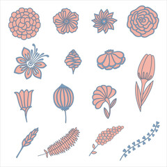 Set of many simple styled flowers and leaves isolated on white background. Primitive elements for floral composition.