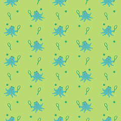 Fototapeta premium Seamless pattern for kids with little octopus in green colors. Pattern for boys and kids clothes.