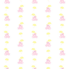 Seamless pattern with octopus girl standing with decorations, woman bag and umbrella in pink and yellow colors. Pattern for girls and kids clothes.