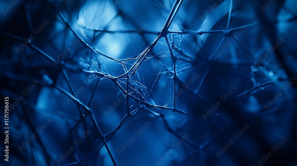 Poster close-up of intricate, dark blue, web-like plant branches, creating an abstract texture.