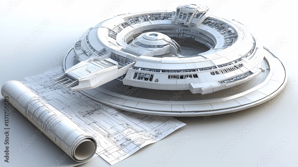 Poster Futuristic spaceship model with blueprints.