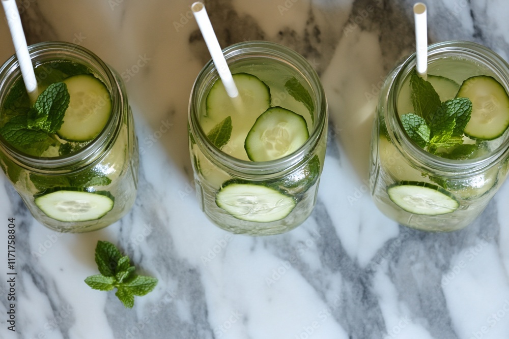 Poster three mason jars filled with refreshing cucumber mint infused water, garnished with fresh mint sprig