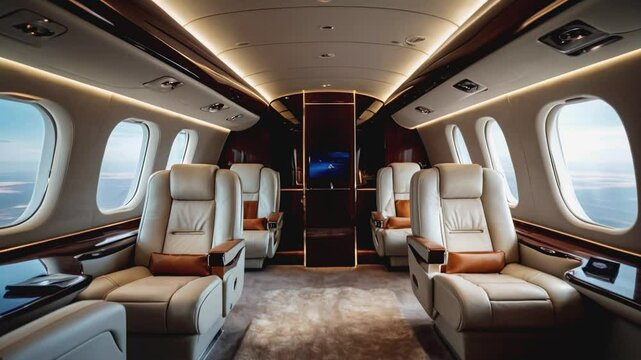Luxurious interior of a private jet showcasing comfort and style during flight
