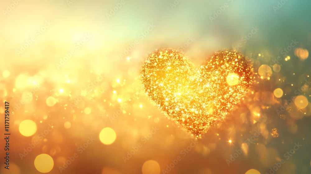 Aufkleber Bright golden heart with sparkling particles floating on a blurred bokeh background for Valentine's Day