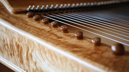 Close-up of a wooden instrument showing strings and tuning pegs.