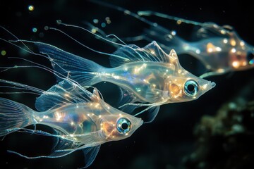 Fototapeta premium Delicate fish with translucent bodies and glowing, filamentous fins in shades of pearl and iridescent silver, drifting in the bioluminescent currents of a deep-sea trench.