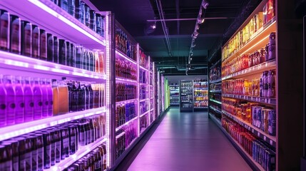 Aisles of brightly lit bottled goods.