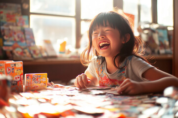 Fototapeta premium Teenage Asian girl laughing nervously in a bright room filled with colorful cards and games