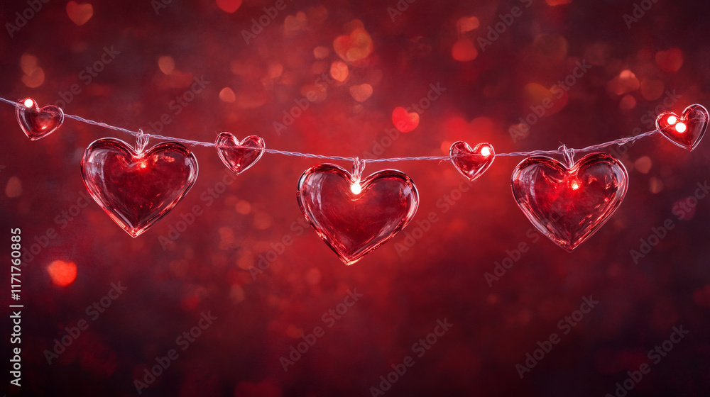 Aufkleber String of illuminated red heart shaped lights hanging on a bokeh background for Valentine's Day