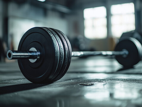 Barbell resting on gym floor after a strength training session in a fitness center