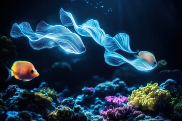 Obraz premium Elegant, wave-patterned glowing fish, swaying gently above a seabed dotted with vibrant coral.
