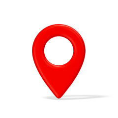 3d red plastic map location pointer with shadow isolated on transparent background. Destination pin rotated 0 degrees.