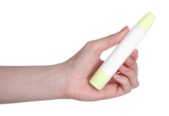 Woman with glue stick on white background, closeup