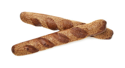 Fresh baguettes with sesame isolated on white, top view