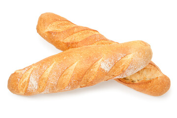 Two freshly baked baguettes isolated on white, top view