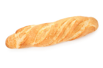 One freshly baked baguette isolated on white, top view