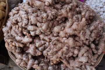 Lots of gingers are kept on the basket in the village market