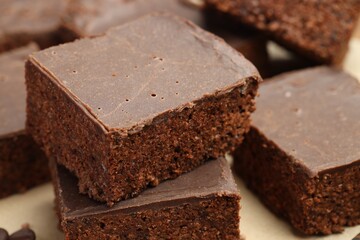 Delicious chocolate puffed rice bars on table, closeup