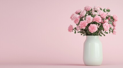 Fototapeta premium Valentine's Day Delicate Pink Roses in White Vase Romantic Floral Arrangement Pastel Background