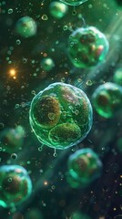 A highly detailed and vibrant depiction of microscopic cells in a fluid environment, showcasing the complexity and beauty of biological structures