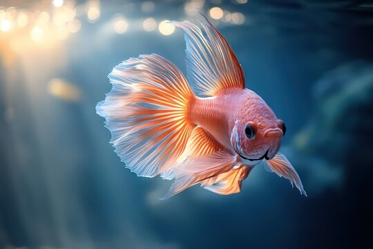 Fan-shaped fish with radiant, flowing fins, swimming effortlessly through tranquil ocean currents.