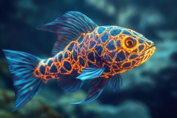 Fototapeta premium Fantasy-inspired fish with fractal patterns on their glowing scales, swimming in crystal-clear waters.