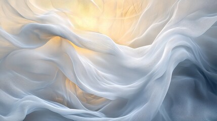 Obraz premium Flowing sheer fabric in soft blue and white hues, lit by warm sunlight.