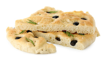 Slices of delicious focaccia bread with olives and rosemary isolated on white
