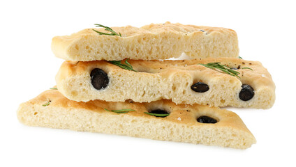 Slices of delicious focaccia bread with olives and rosemary isolated on white