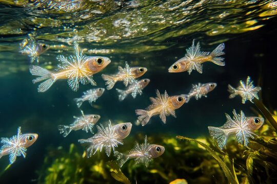Fish resembling abstract snowflakes, their luminescent patterns dancing as they swim in clear, deep waters.