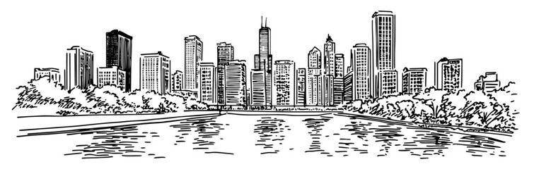 evening view of downtown Chicago with the river doodle hatching vector sketch