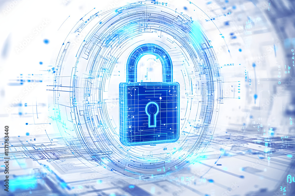 Poster transparent blue lock icon with holographic style, surrounded by digital lines and data points, on a
