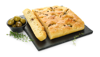 Pieces of delicious focaccia bread with olives and thyme isolated on white