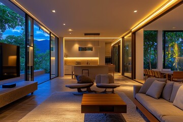 Modern, illuminated living space with outdoor views.
