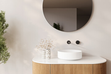 A rounded white basin sits atop a fluted wooden vanity, complemented by a circular mirror and...