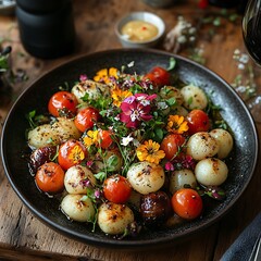 Vibrant Greenery and Fresh Lemons on Sunlit Table with Flowers Photo