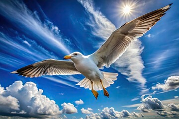 Fototapeta premium A majestic seagull's close-up, soaring against a vibrant blue sky, perfectly framed by the rule of thirds.