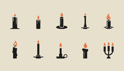 Candle vector icon set. Candles flaming flat icons.