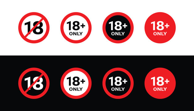 18 plus only icon. Age limit under 18 years old is forbidden circle sign symbol vector illustration. Under 18 sign in on white background. Over 18 only censored. Eighteen age older forbidden.
