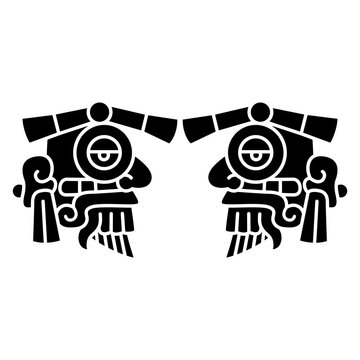 Symmetrical ethnic design with two heads of Aztec god Tlaloc. Native American decor. Black and white silhouette.