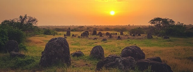 A mystical view of the ancient Stone Circles of Senegambia in Senegal, Archaeological scene, Mystical style