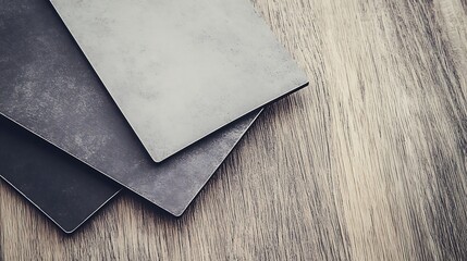 Metal Sheets Arranged on Wooden Surface