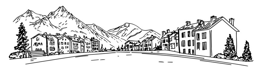 picturesque street in Chamonix with Mont Blanc in the background doodle hatching vector sketch