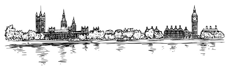Fototapeta premium view of Big Ben and the Thames in London doodle hatching vector sketch