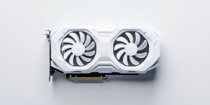 Sleek white graphics card with dual fans against minimalist background