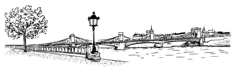Naklejka premium Lanterns on a bridge in Budapest doodle hatching vector sketch